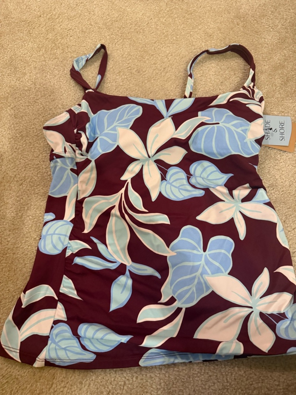 Shade & Shore Floral Tankini Top in Burgundy, Light Blue, Pale Pink